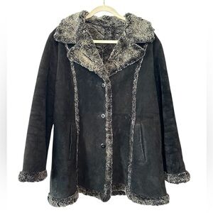 Wilsons Leather Jacket Womens XL Black Suede Faux Fur Penny Lane Boho Coat Y2K